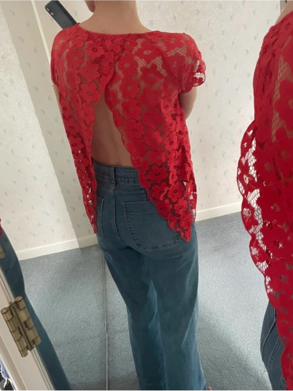 Red Lace Open-Back Short Sleeve Top